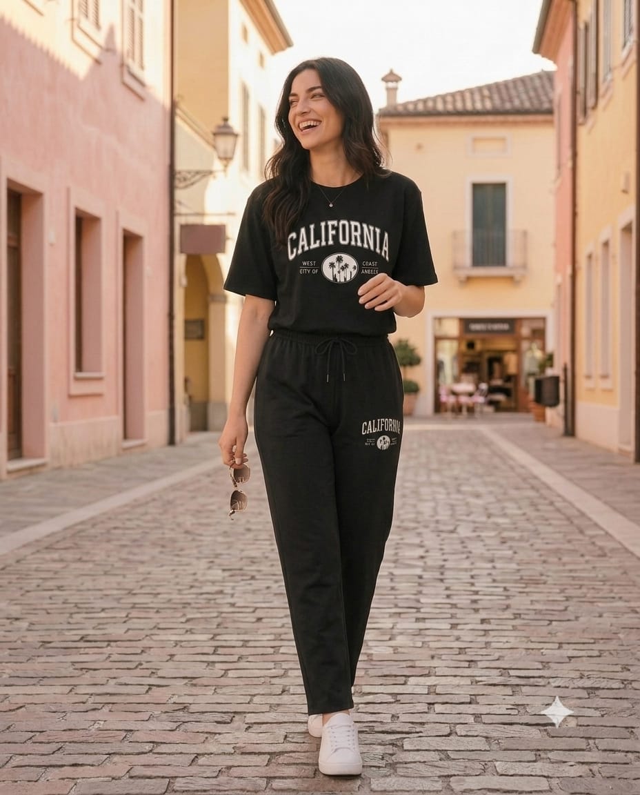 Women's Cotton Blend California Printed Co-ord Track Suit Set for Casual Wear