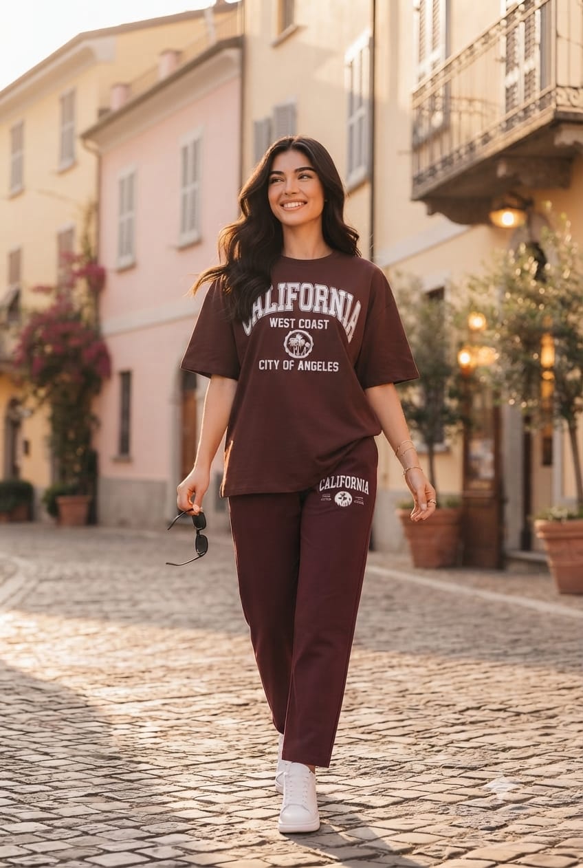 Women's Cotton Blend California Printed Co-ord Track Suit Set for Casual Wear
