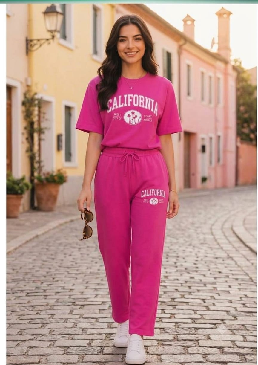 Women's Cotton Blend California Printed Co-ord Track Suit Set for Casual Wear