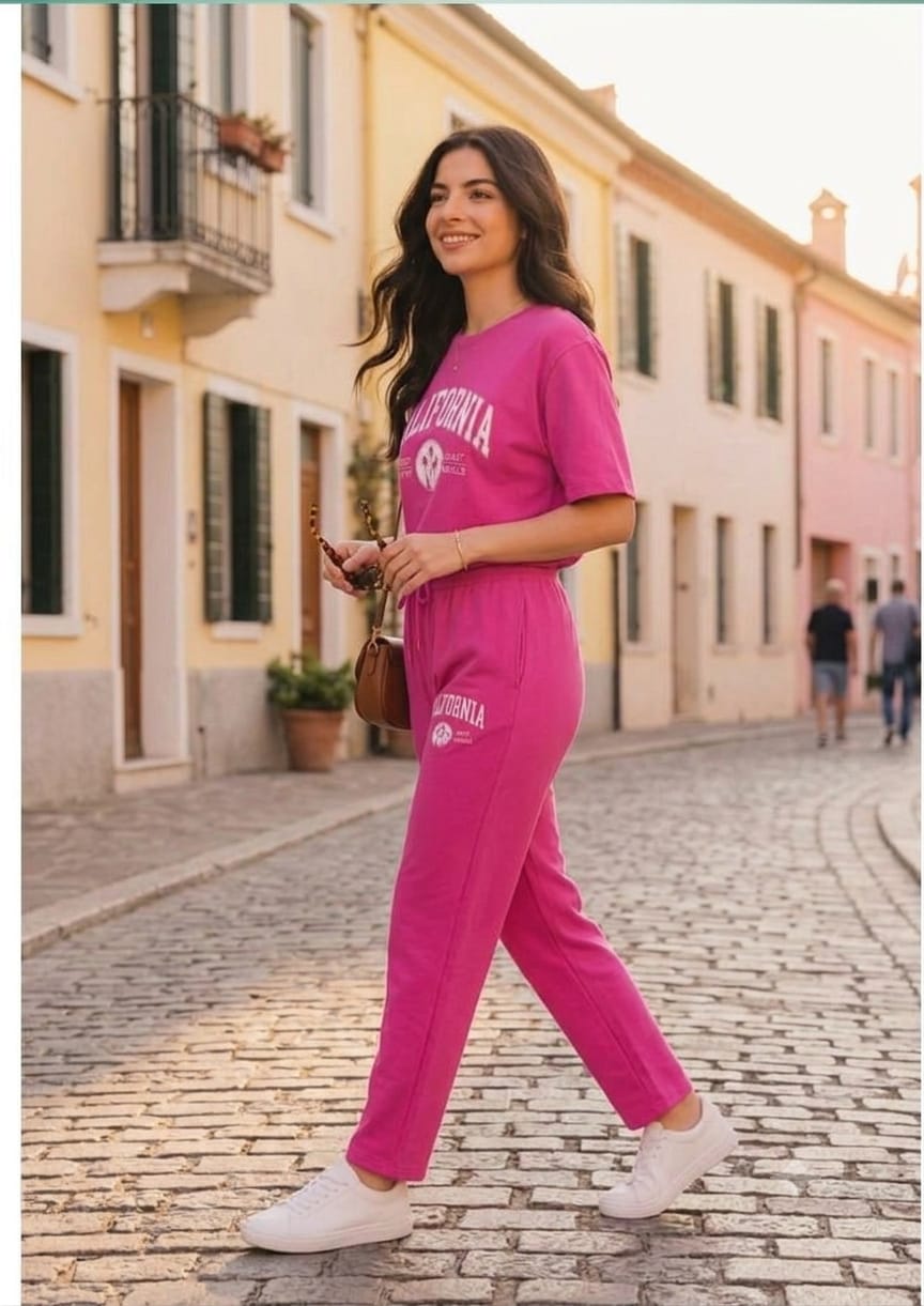 Women's Cotton Blend California Printed Co-ord Track Suit Set for Casual Wear