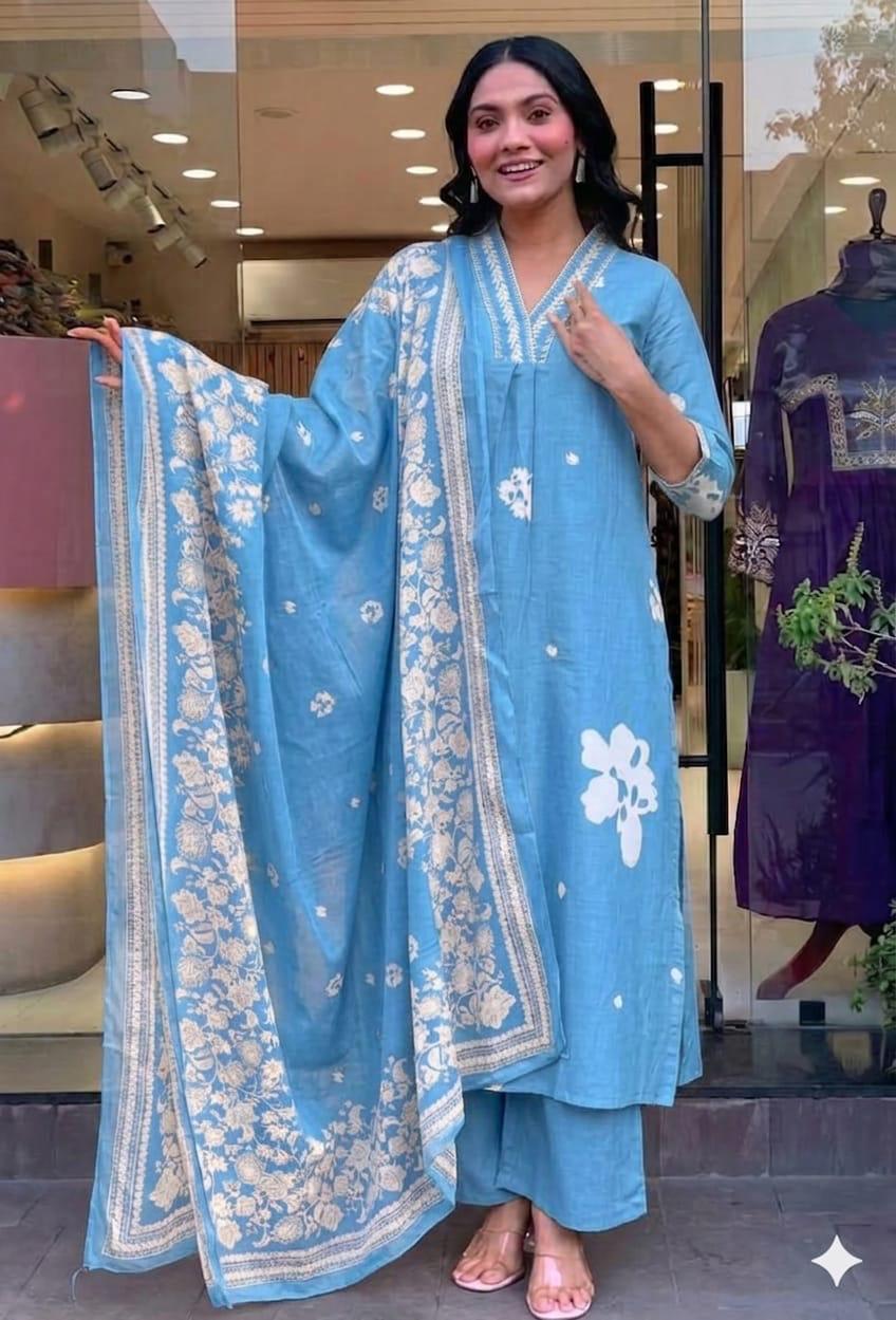 Cotton Suit Set With discharge print and side cut straight kurti