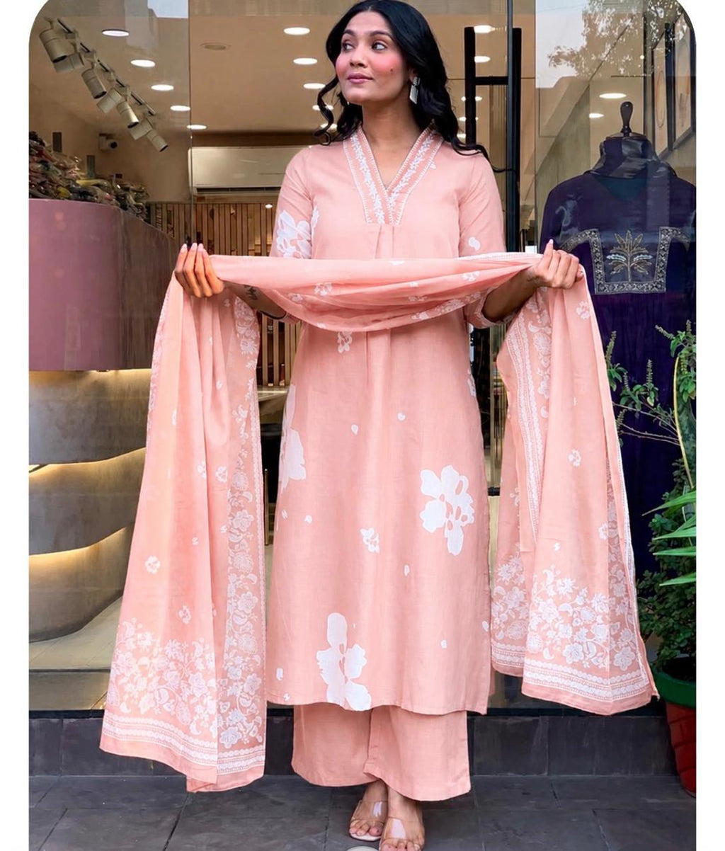 Cotton Suit Set With discharge print and side cut straight kurti