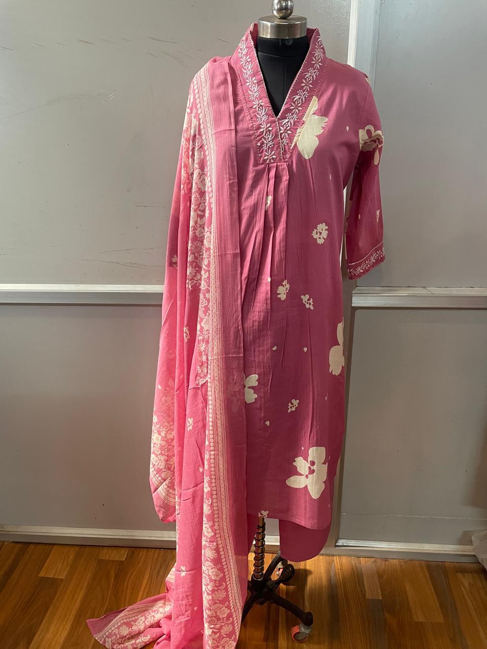 Cotton Suit Set With discharge print and side cut straight kurti