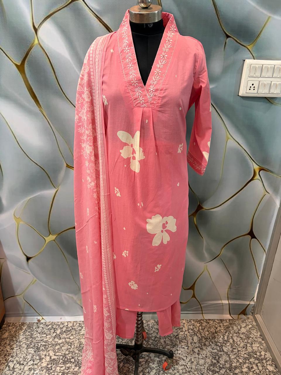 Cotton Suit Set With discharge print and side cut straight kurti