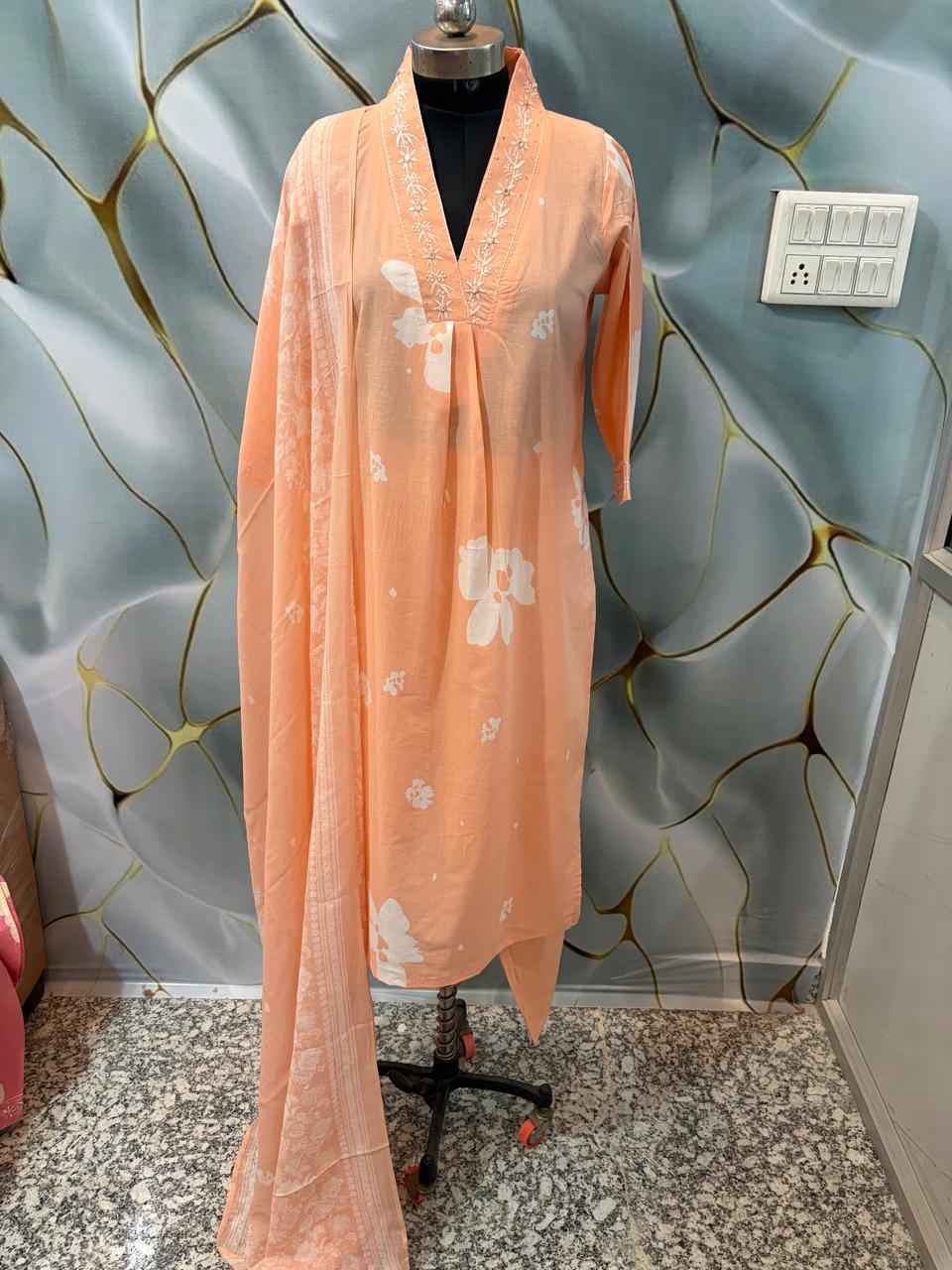 Cotton Suit Set With discharge print and side cut straight kurti