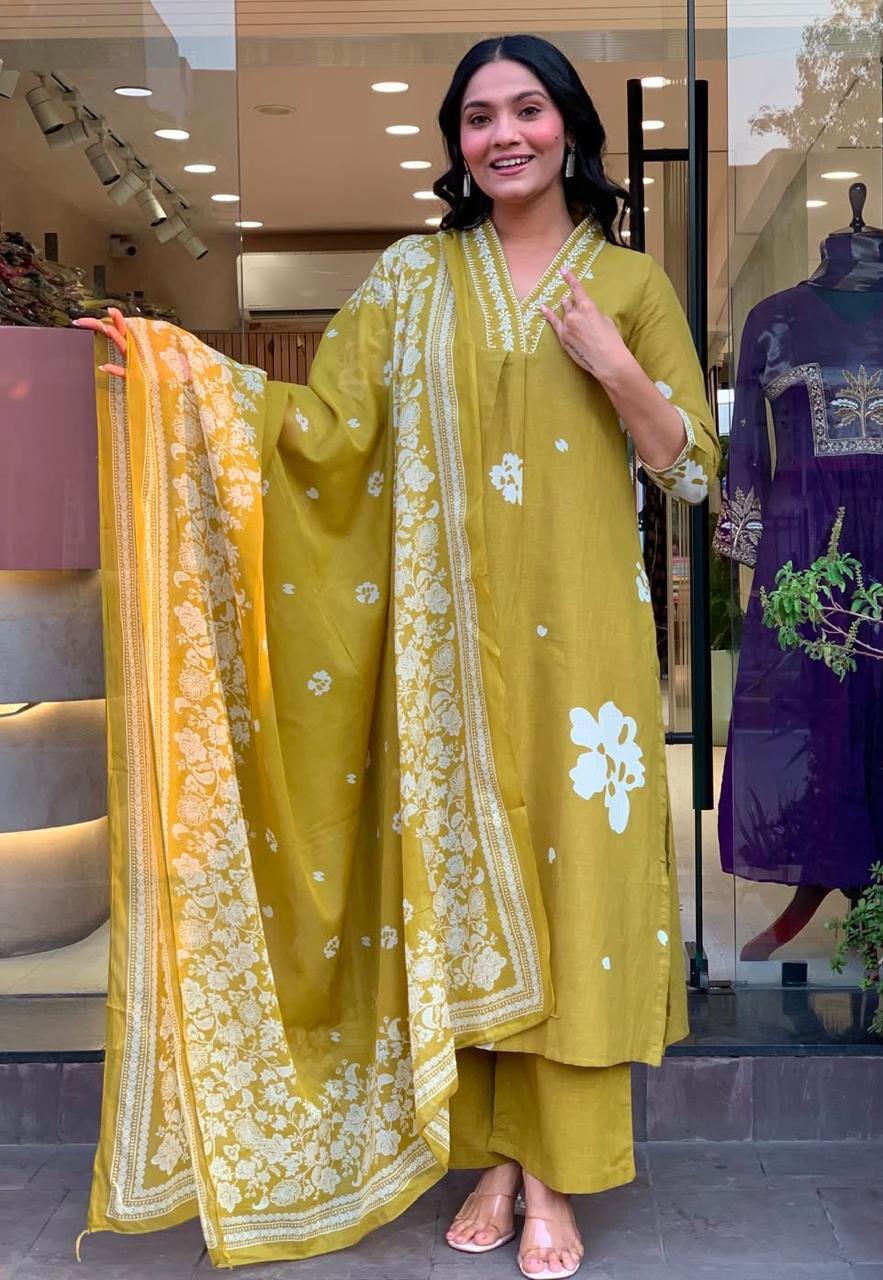 Cotton Suit Set With discharge print and side cut straight kurti