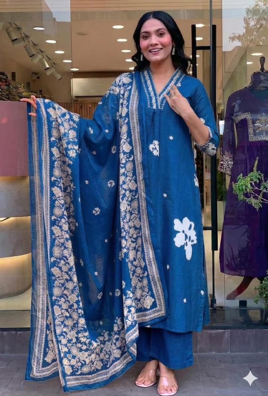 Cotton Suit Set With discharge print and side cut straight kurti