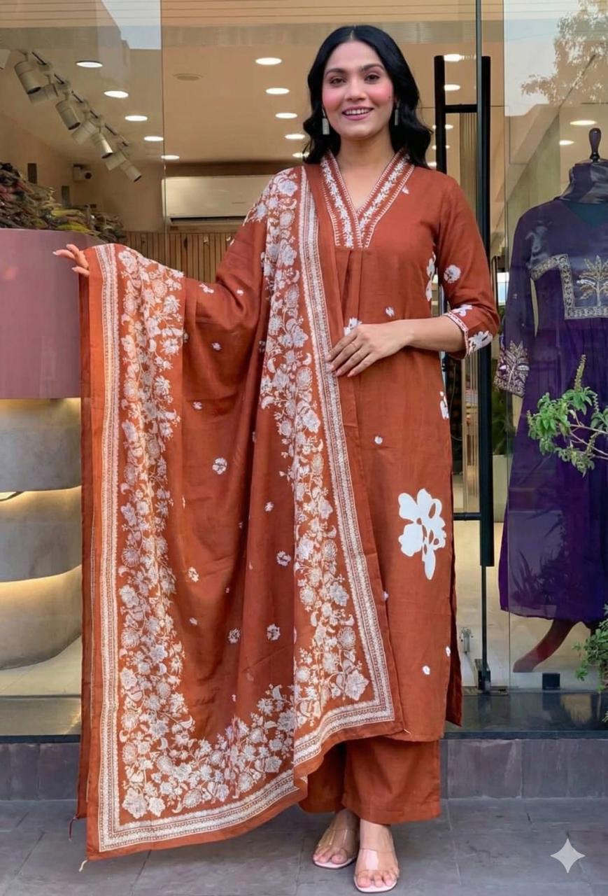 Cotton Suit Set With discharge print and side cut straight kurti
