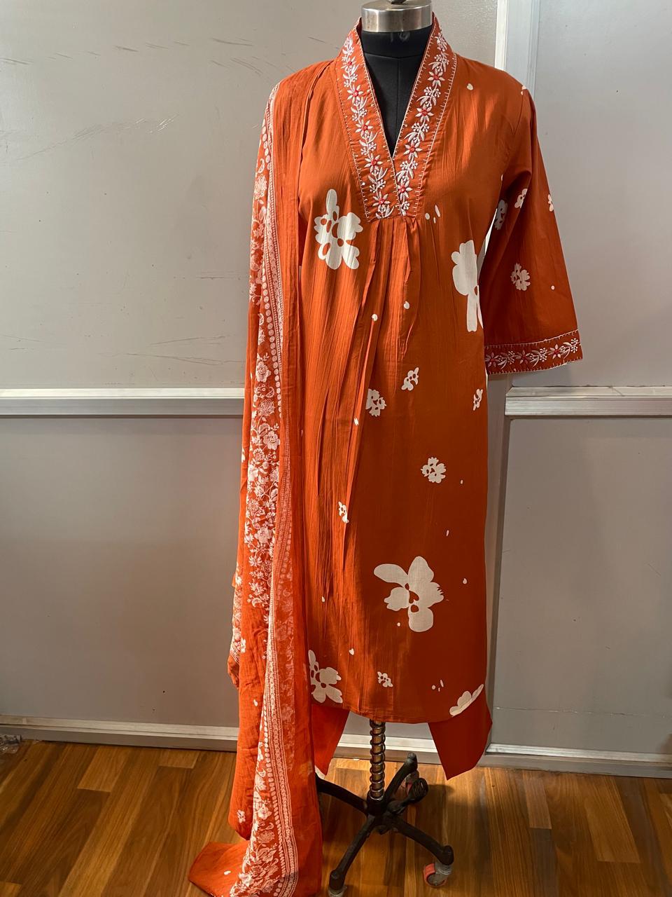 Cotton Suit Set With discharge print and side cut straight kurti