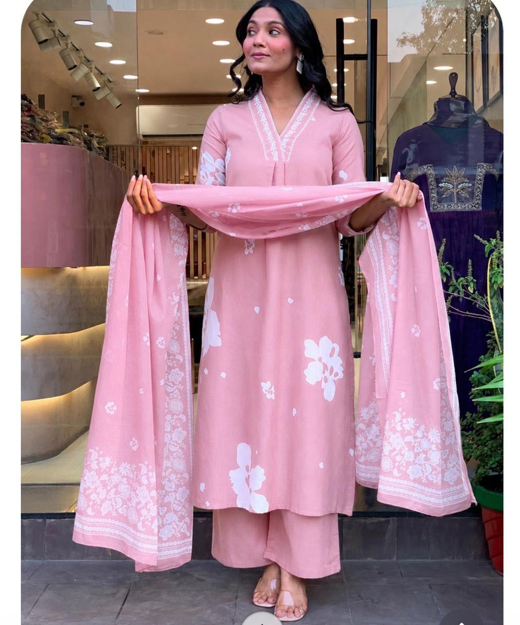 Cotton Suit Set With discharge print and side cut straight kurti