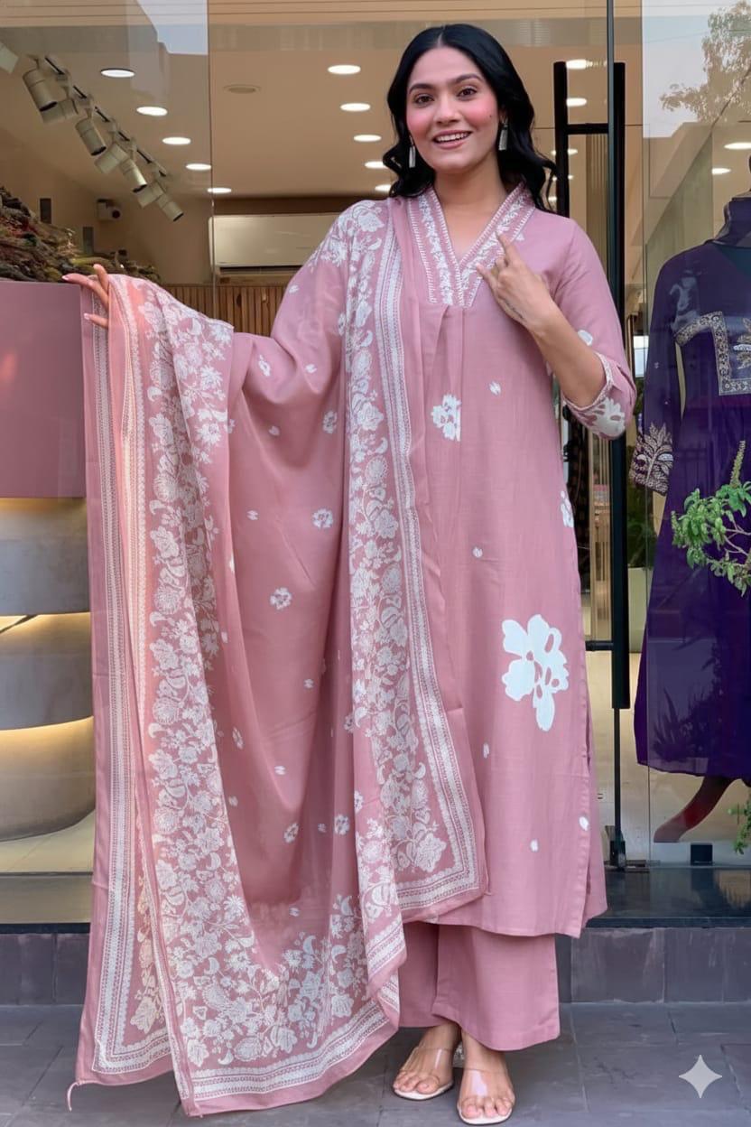 Cotton Suit Set With discharge print and side cut straight kurti