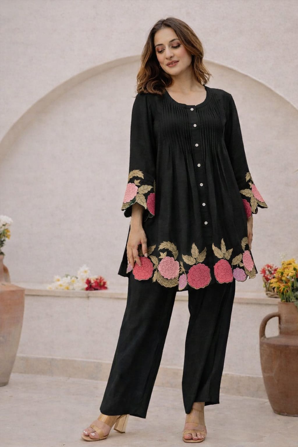 Designer Floral Embroidered Premium Cotton A-Line Floral Cord Set