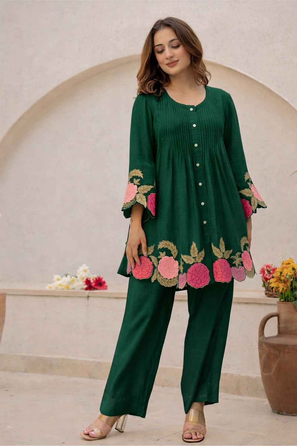 Designer Floral Embroidered Premium Cotton A-Line Floral Cord Set