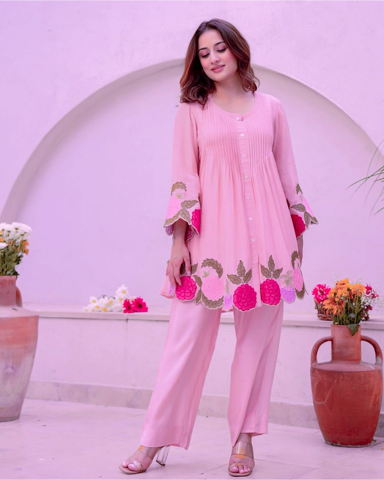 Designer Floral Embroidered Premium Cotton A-Line Floral Cord Set