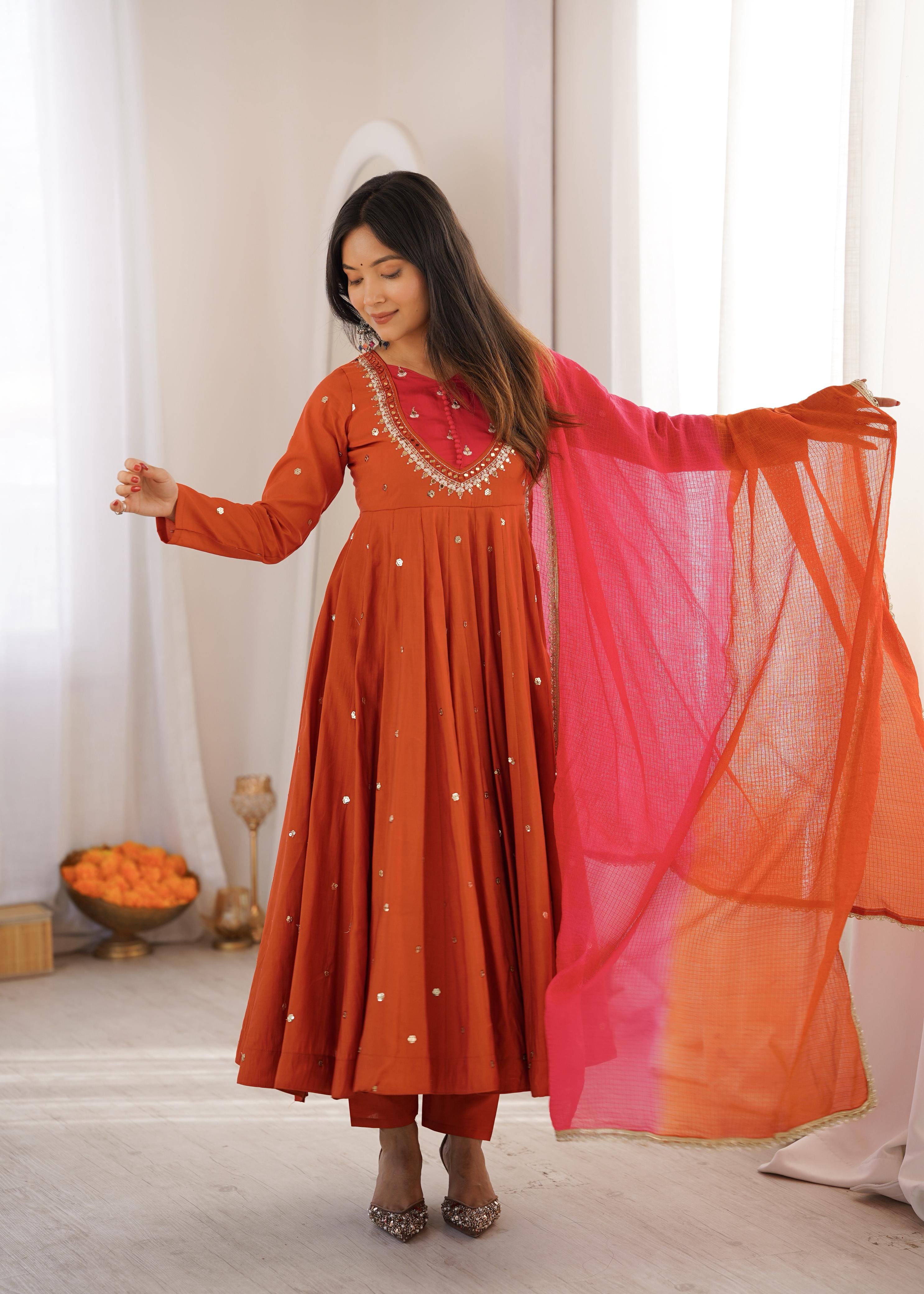 Women's Autumn Orange Roman Silk embroidered sequence and real mirror work Anarkali suit with Kota Checks dupatta front view