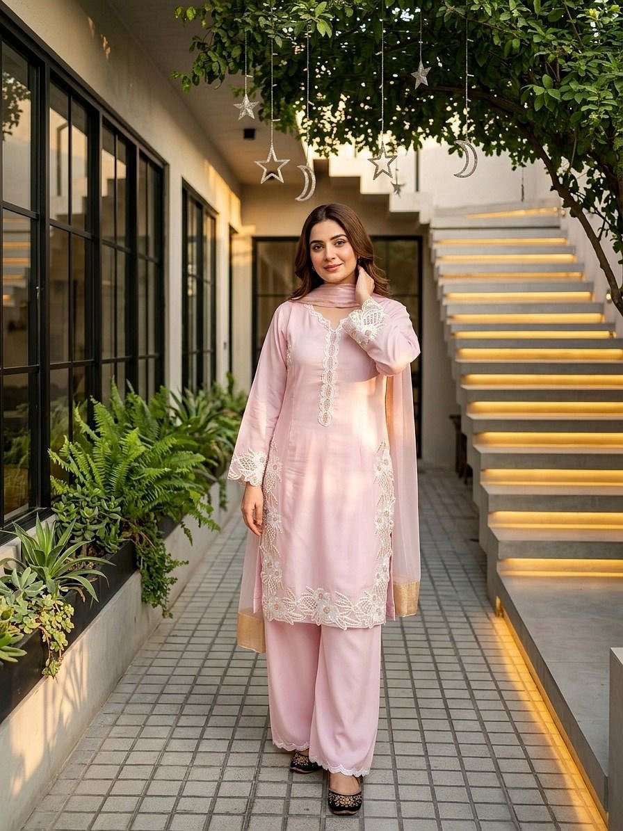 Baby Pink Embroidered Palazzo Suit Set Lifestyle View