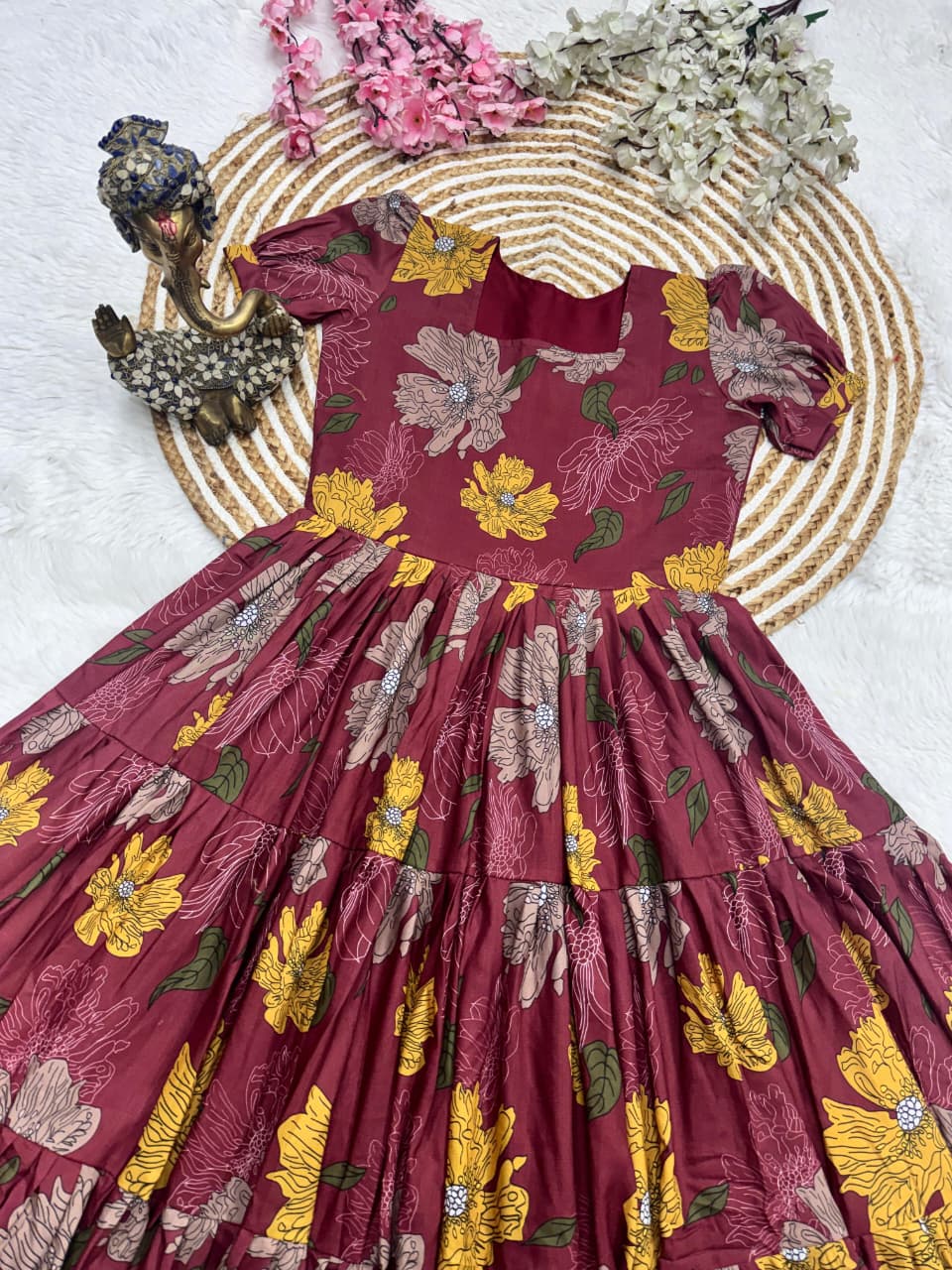 Close flat lay of Berry Wine Muslin Cotton floral printed 3 Layer dress