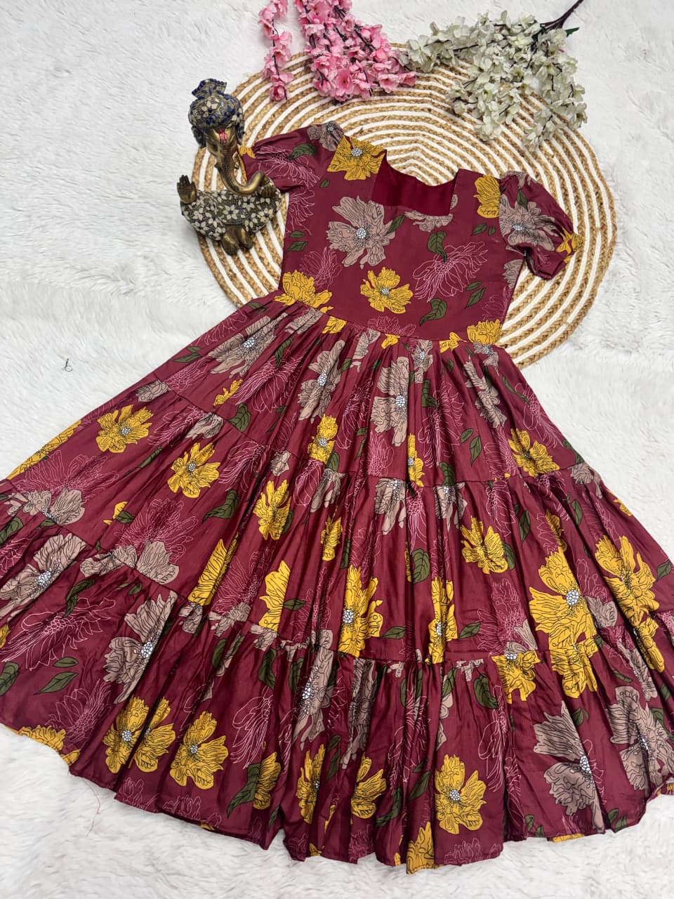 Flat lay of Berry Wine Muslin Cotton floral printed 3 Layer maxi dress