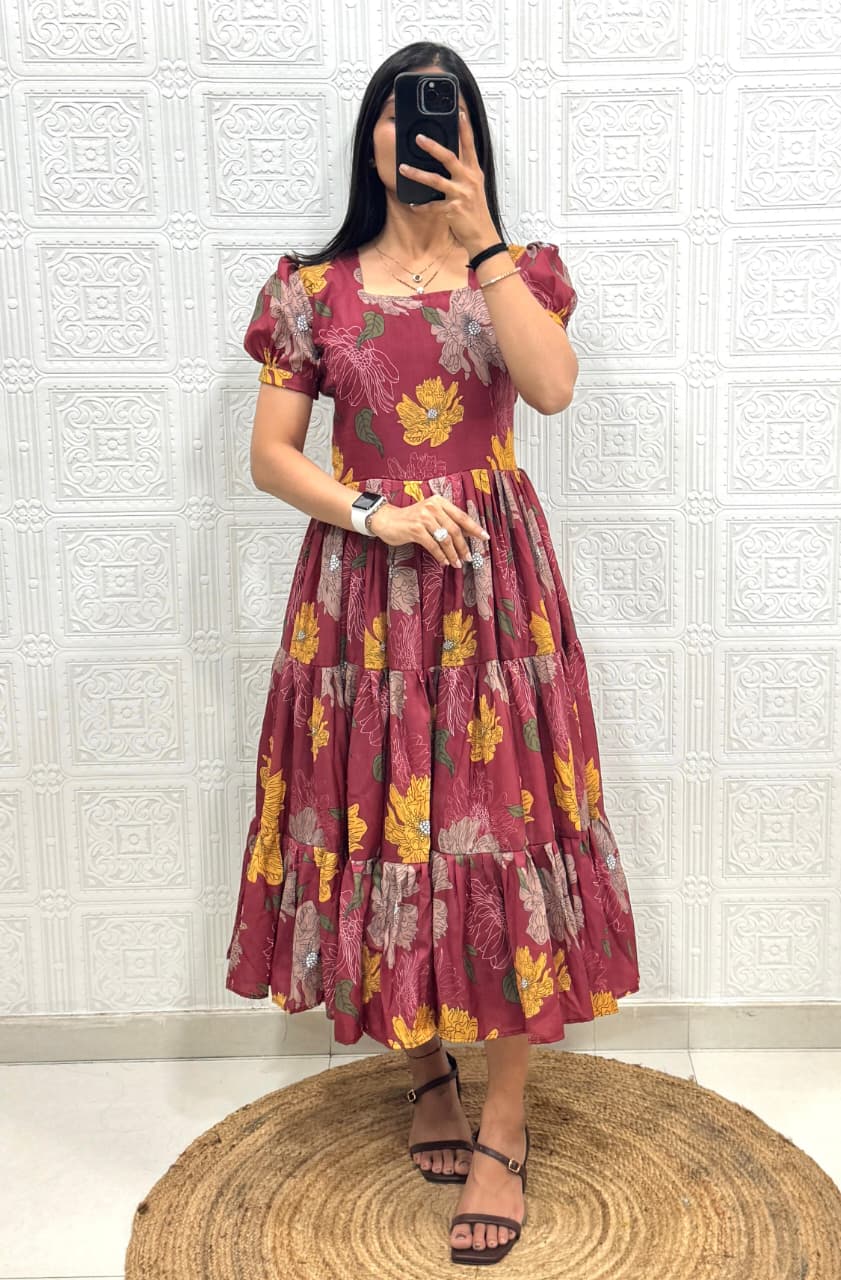 Woman wearing Berry Wine Muslin Cotton floral printed 3 Layer maxi dress front view