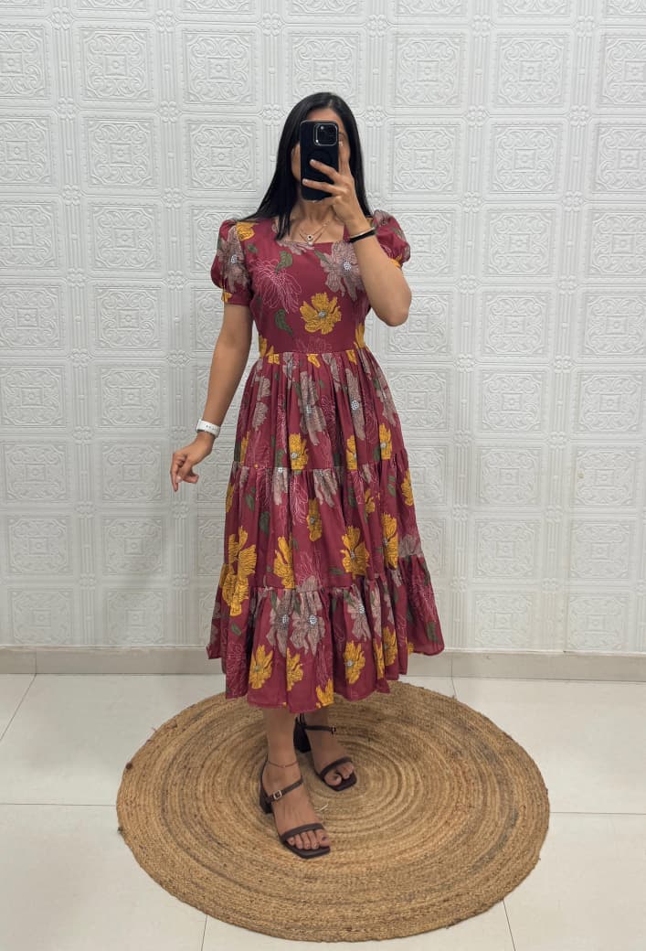 Full length view of Berry Wine Muslin Cotton floral printed maxi dress