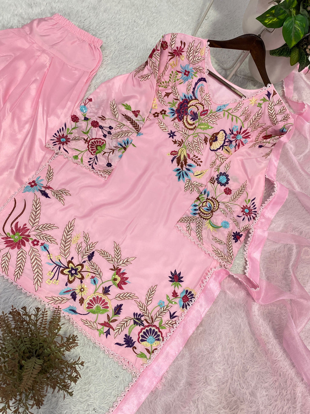 Blush Pink floral embroidered farsi salwar suit detailed flat lay view