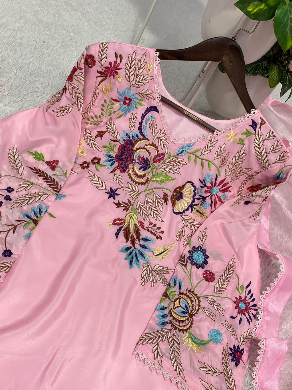 Blush Pink floral embroidery detail on crape silk suit set