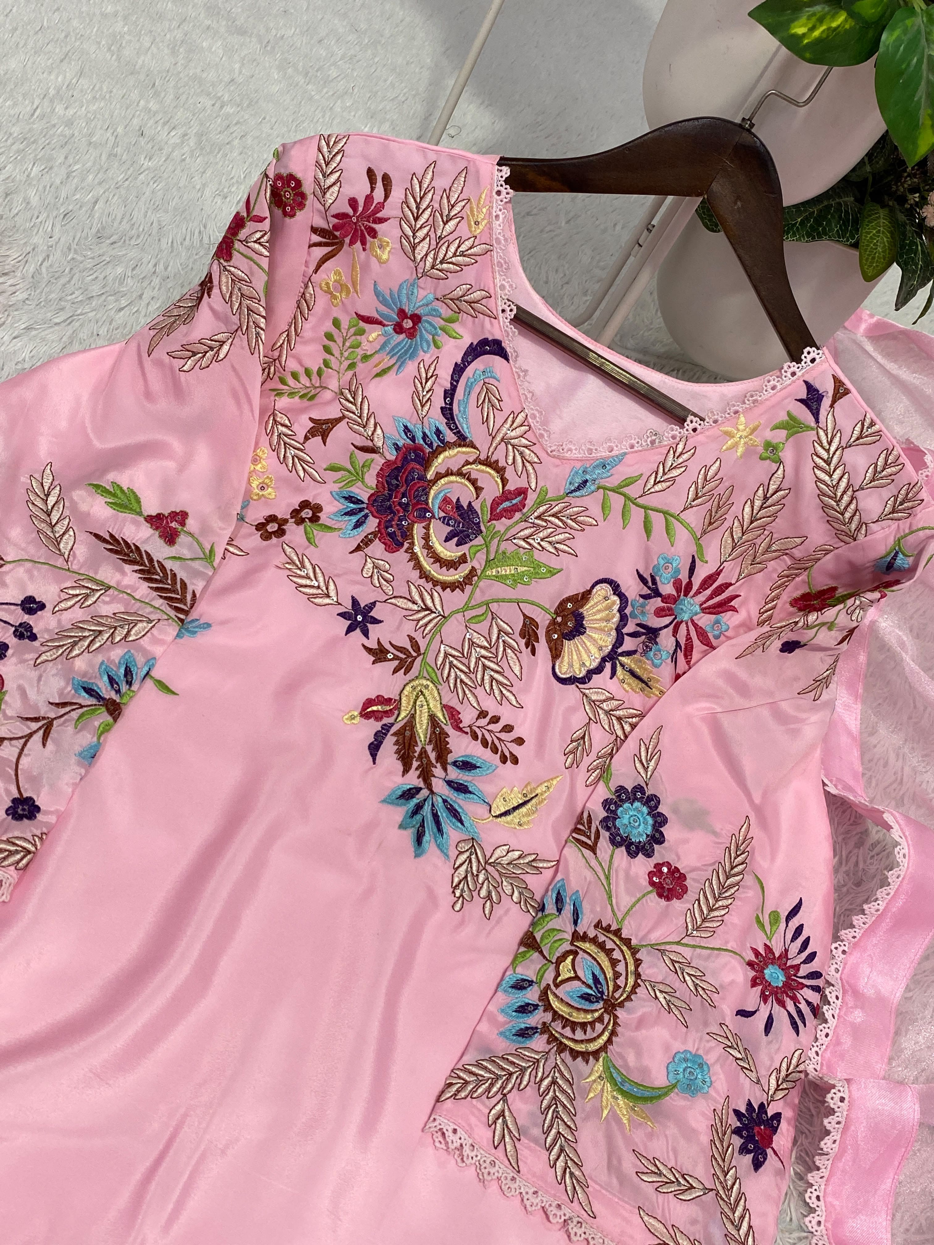 Blush Pink floral embroidery detail on crape silk suit set