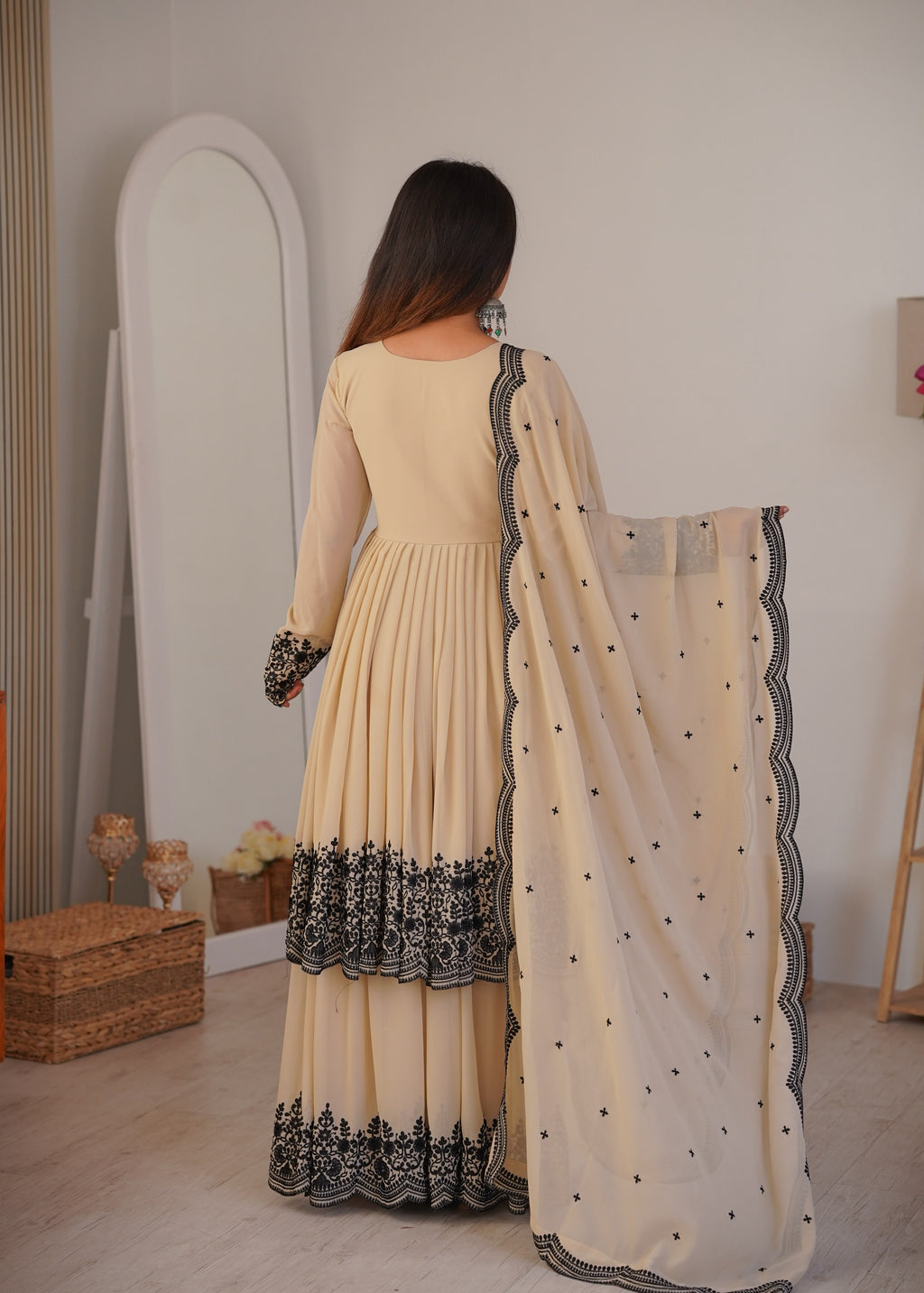 Women's Champagne Beige Premium Faux Georgette embroidered suit set back view