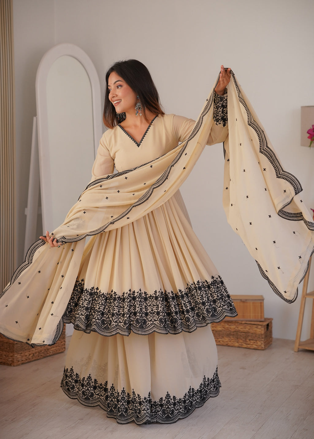 Women's Champagne Beige embroidered faux georgette suit showcasing embroidered dupatta