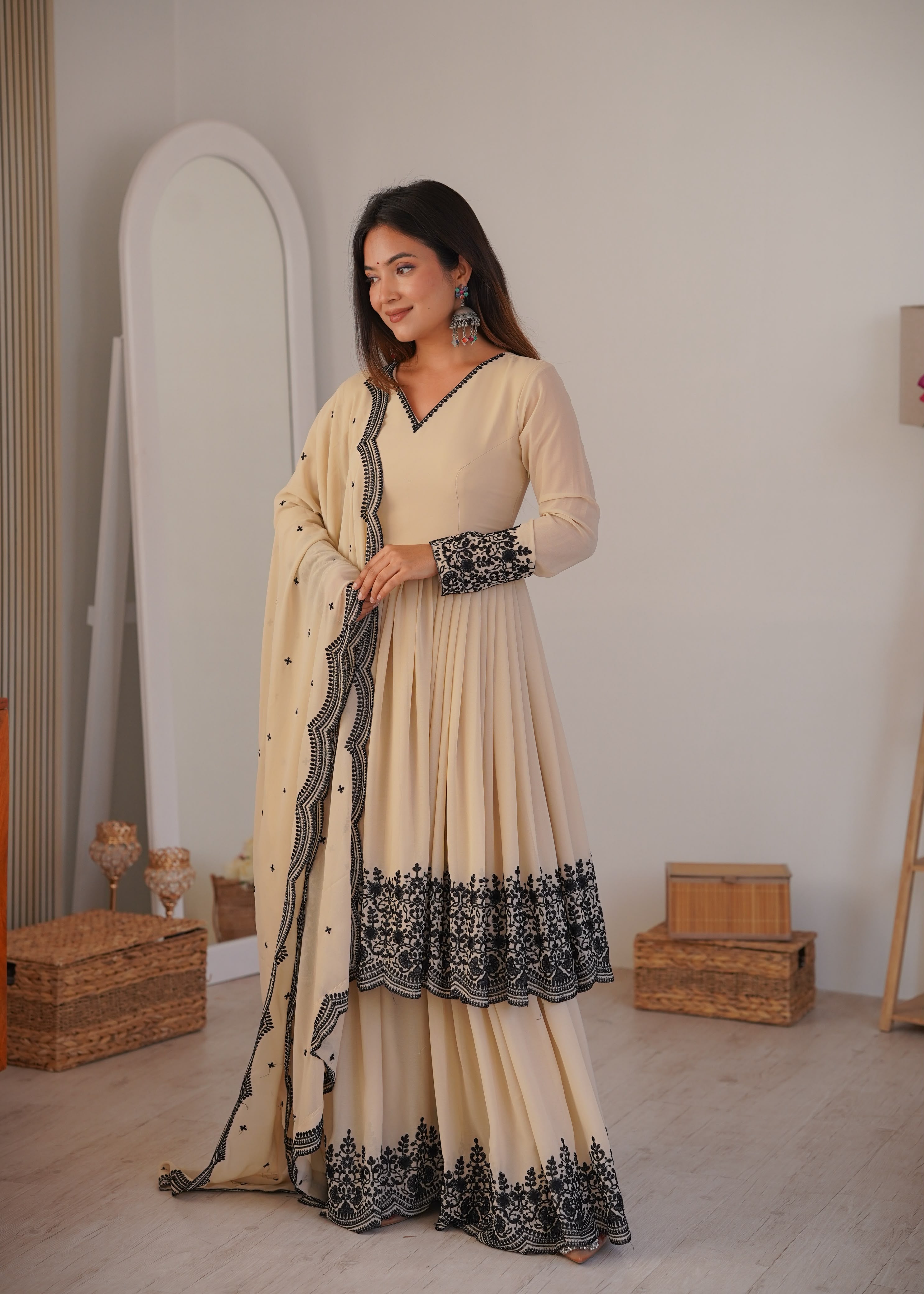 Women's Champagne Beige Premium Faux Georgette embroidered suit set with dupatta front view