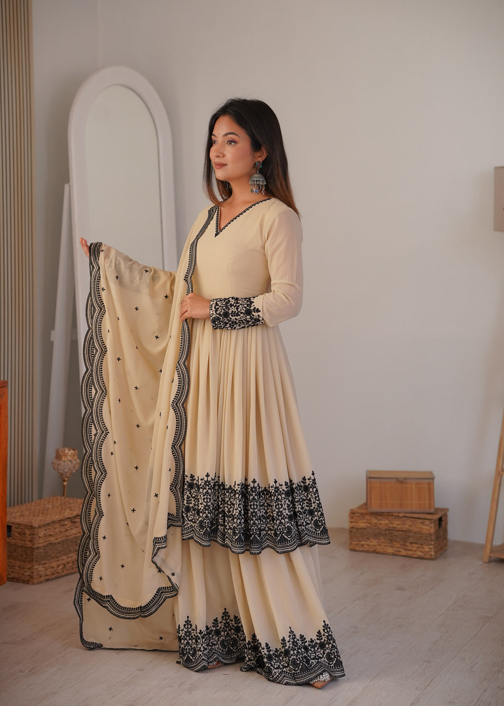 Women's Champagne Beige Premium Faux Georgette embroidered suit set with embroidered dupatta