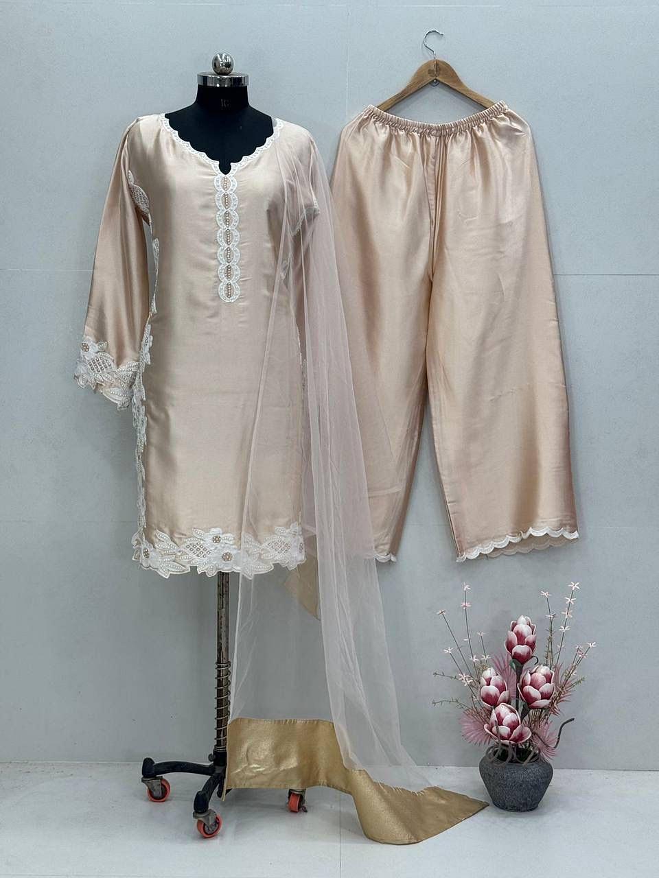 Champagne Beige natural silk embroidered palazzo suit set displayed with matching dupatta