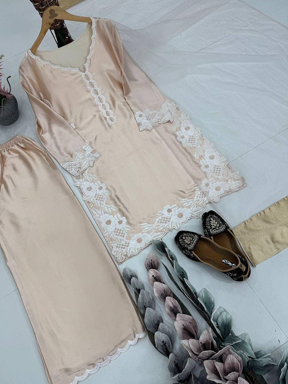 Champagne Beige natural silk palazzo suit with matching palazzo and net dupatta flat lay