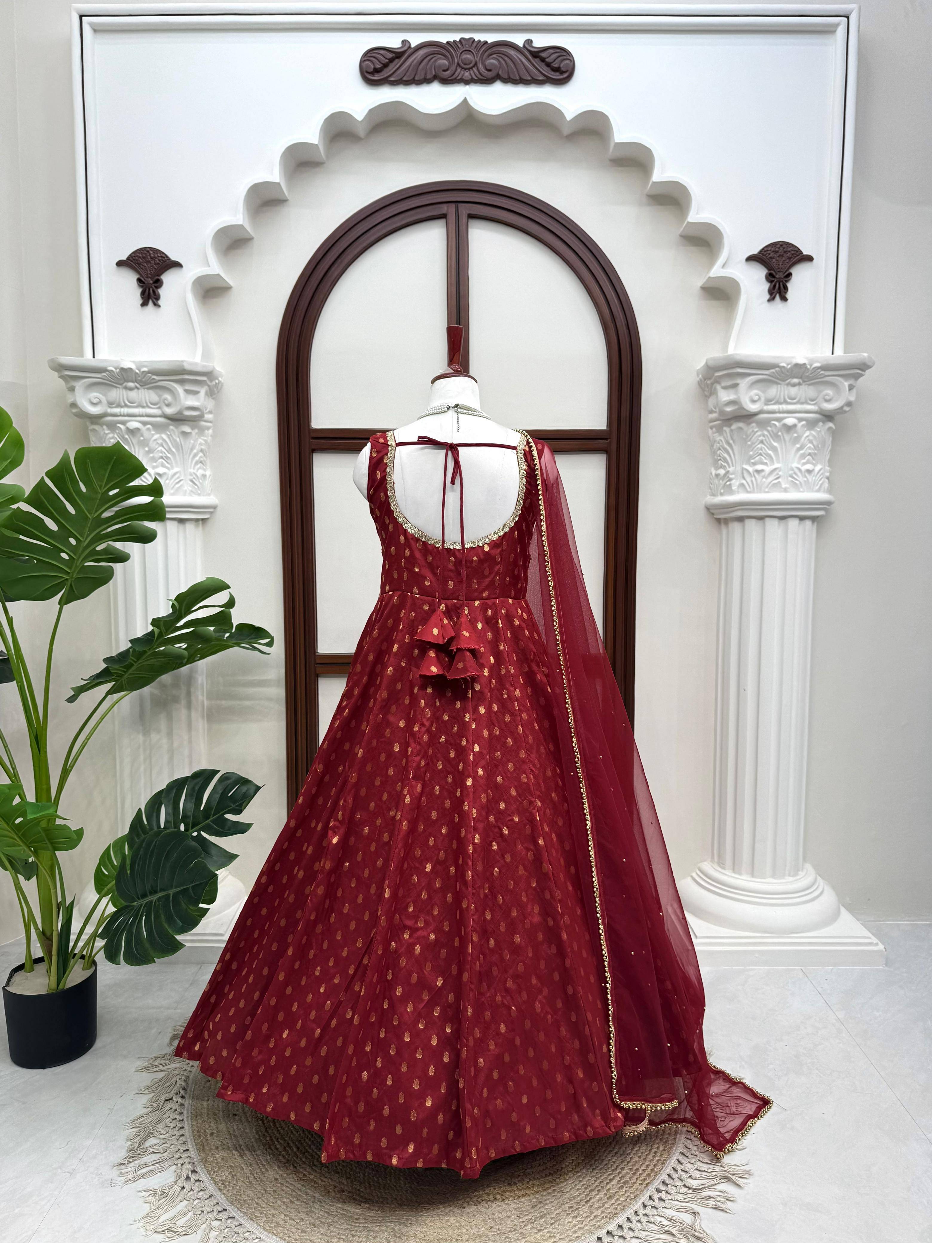 Maroon Chanderi Jacquard Anarkali Set back view with tie-up tassels