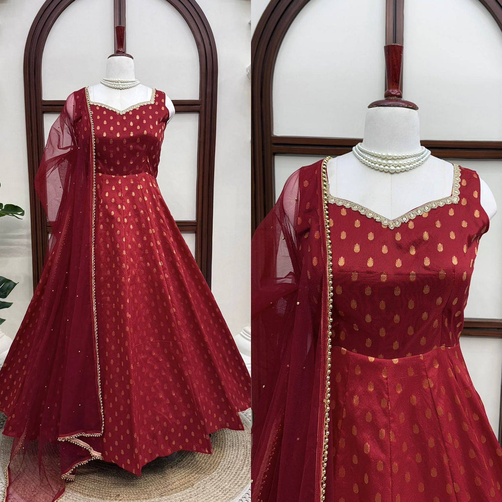 Maroon Chanderi Jacquard Anarkali Set front display with net dupatta