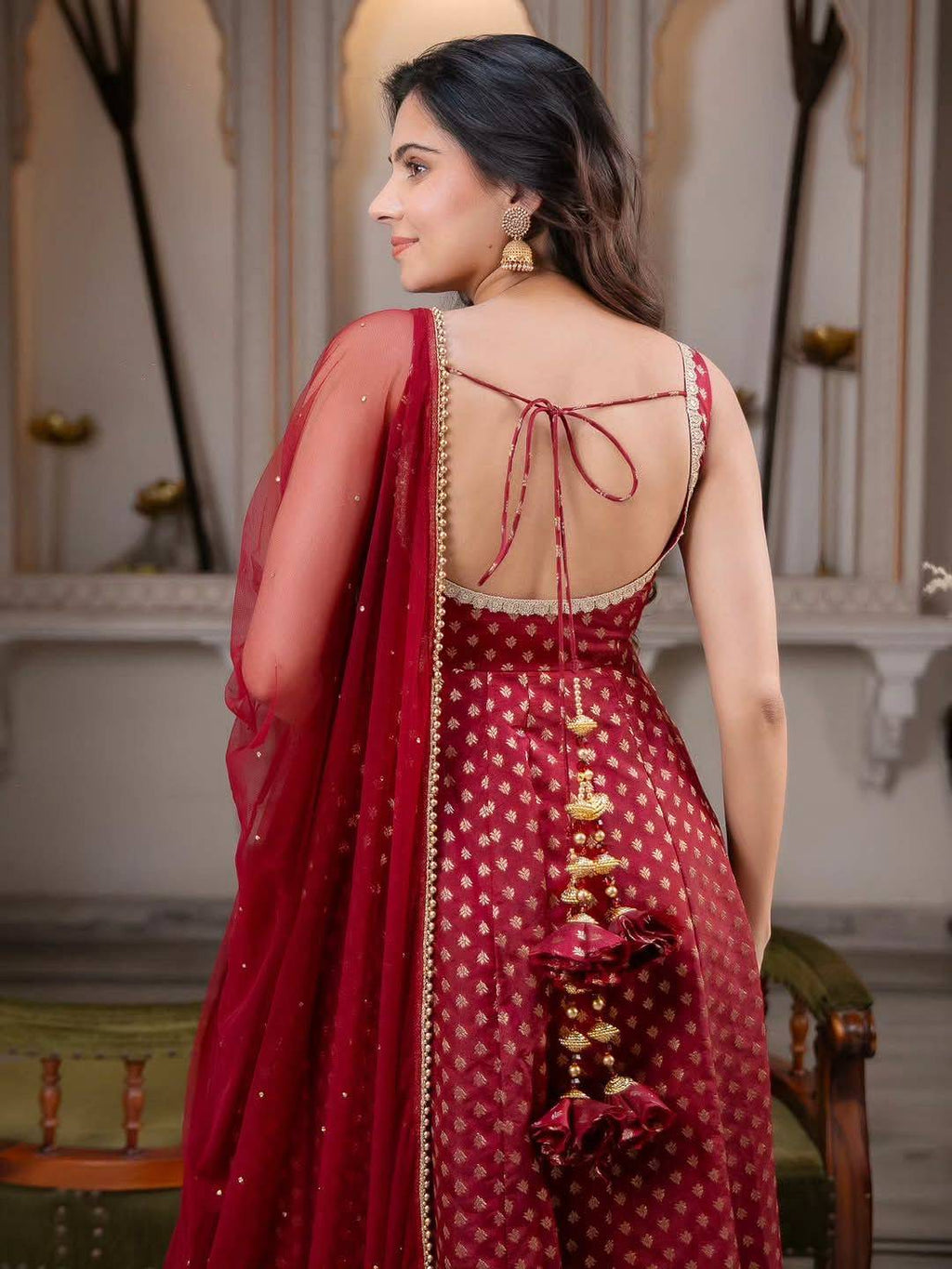 Maroon Chanderi Jacquard Anarkali Set back view with tassel detailing