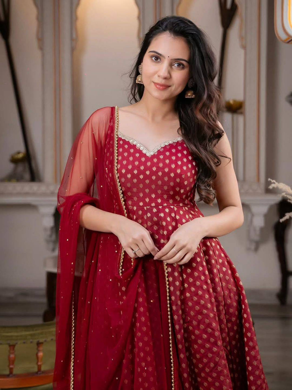 Model wearing maroon Chanderi Jacquard Anarkali Set front detail