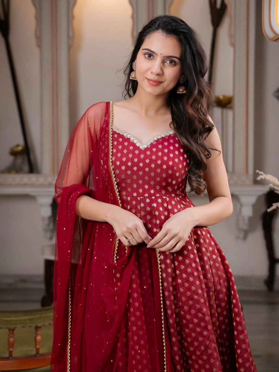 Model wearing maroon Chanderi Jacquard Anarkali Set front detail