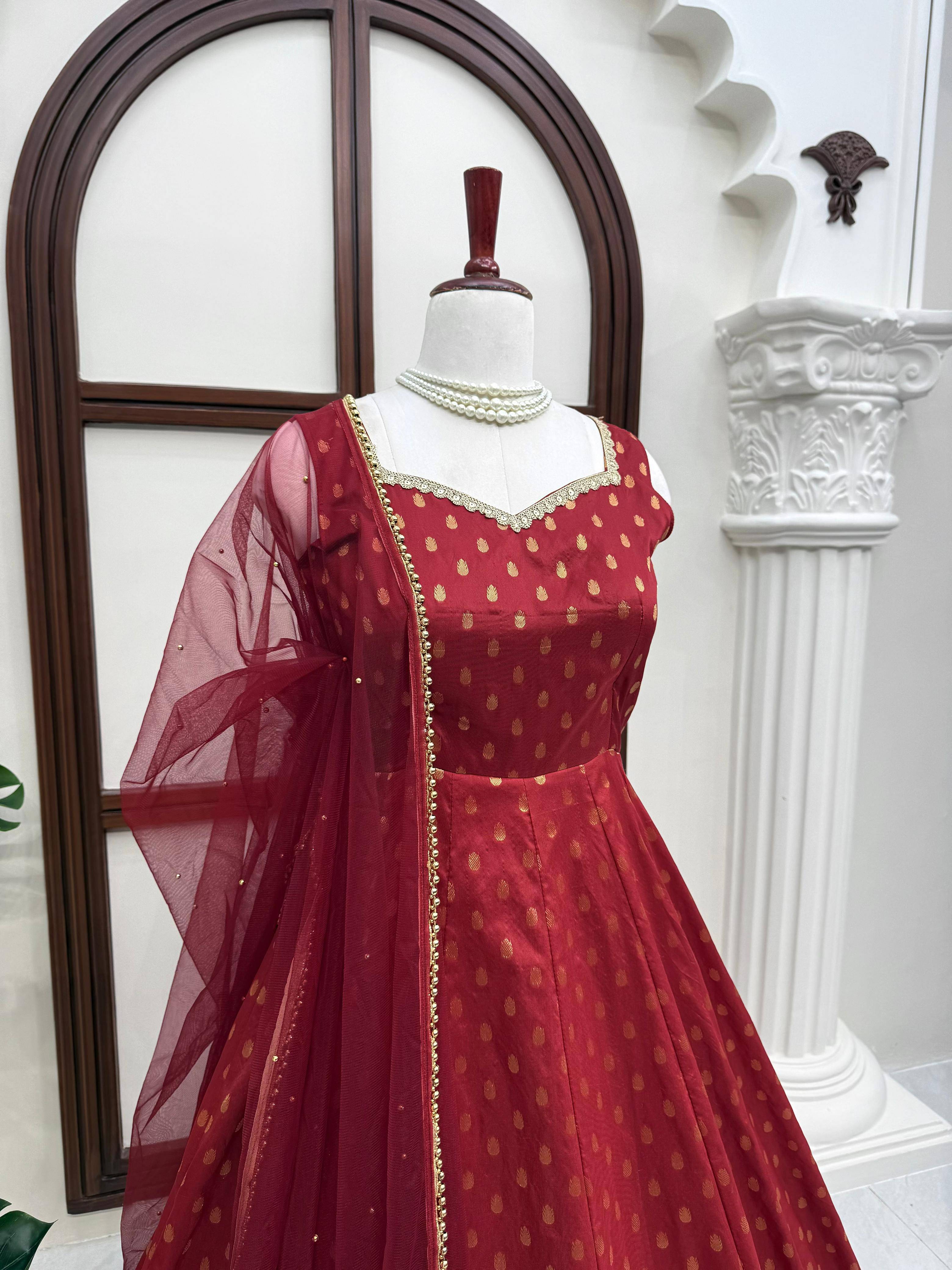 Maroon Chanderi Jacquard Anarkali Set neckline and yoke detail