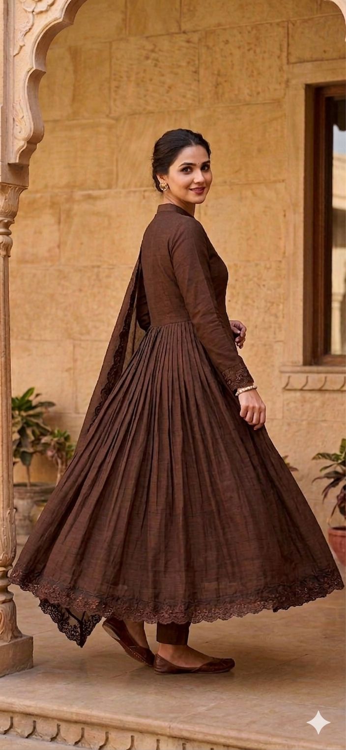 Coffee Brown Roman Silk Embroidered Gown Back View with Dupatta