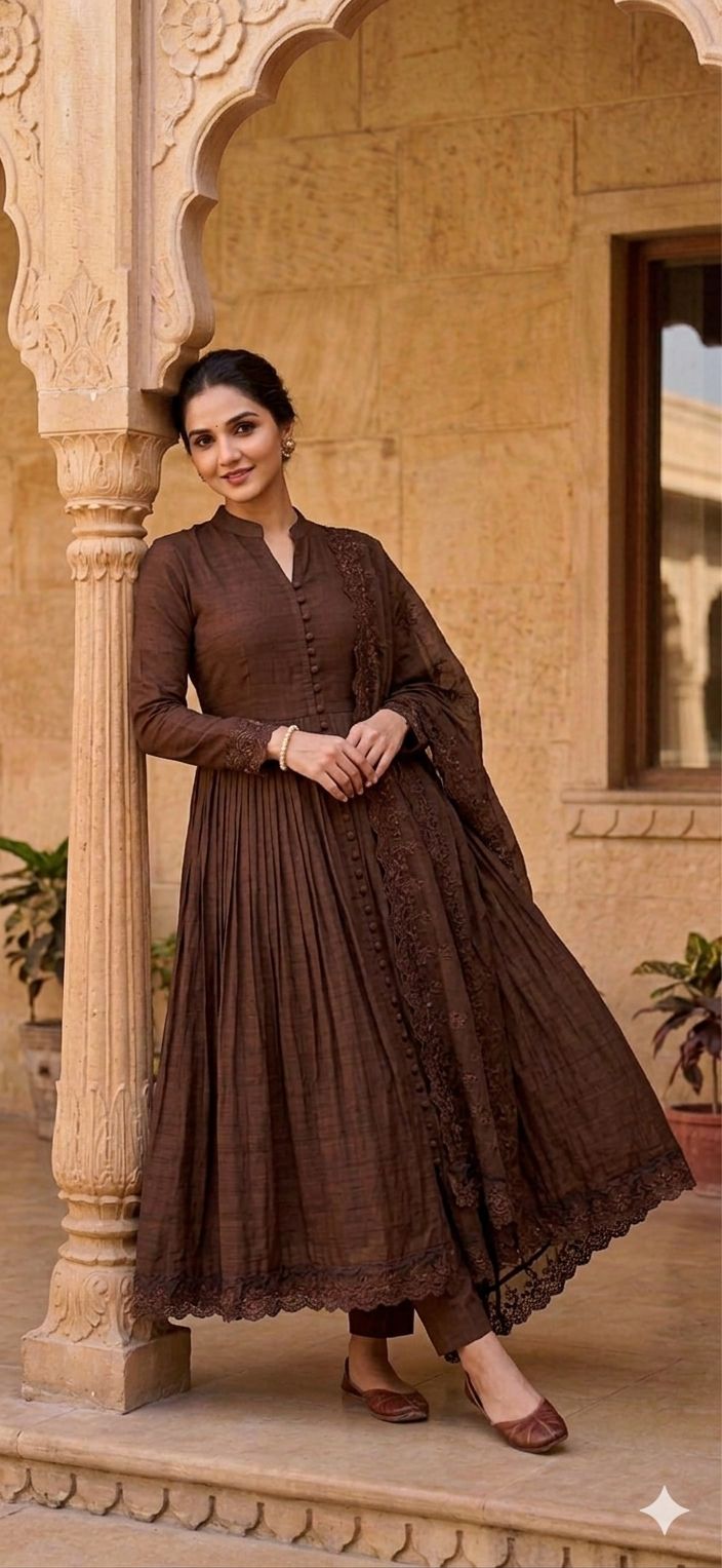 Coffee Brown Roman Silk Embroidered Gown Front Model View
