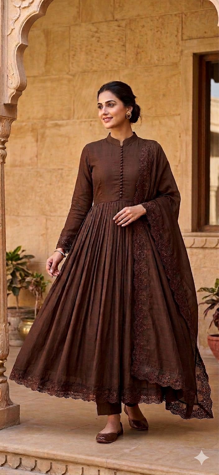 Coffee Brown Embroidered Roman Silk Gown Side Walking View