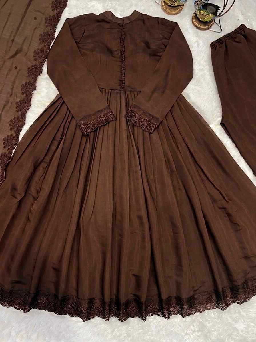 Coffee Brown Roman Silk Embroidered Gown Flat Lay Full Product View