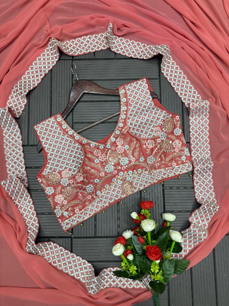 Coral Rose embroidered shrug with sharara set complete flat lay