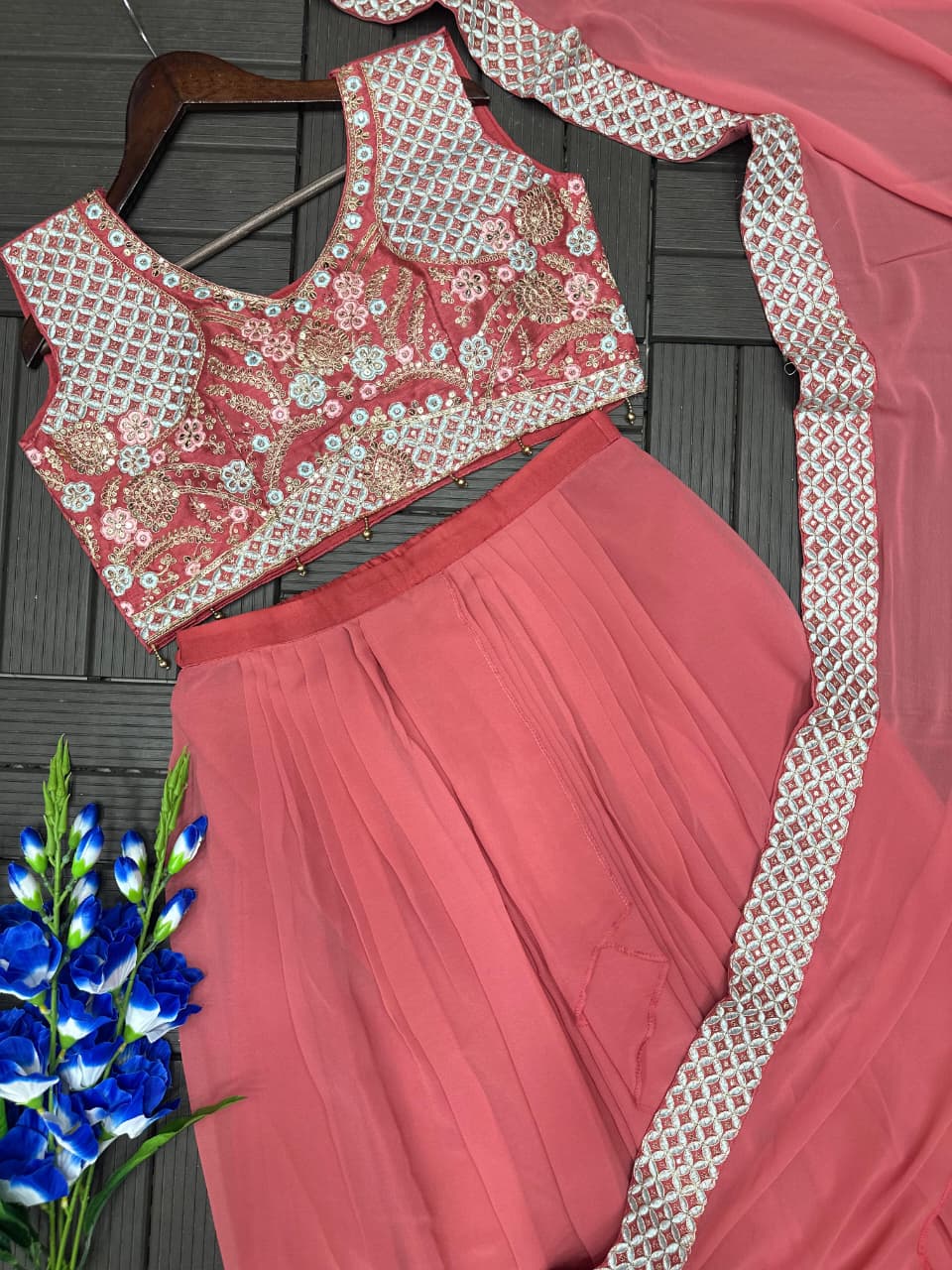 Coral Rose embroidered blouse and sharara flat lay detail