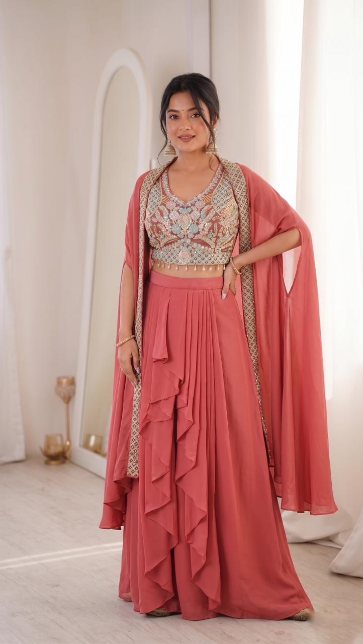 Model wearing Coral Rose embroidered shrug with sharara set