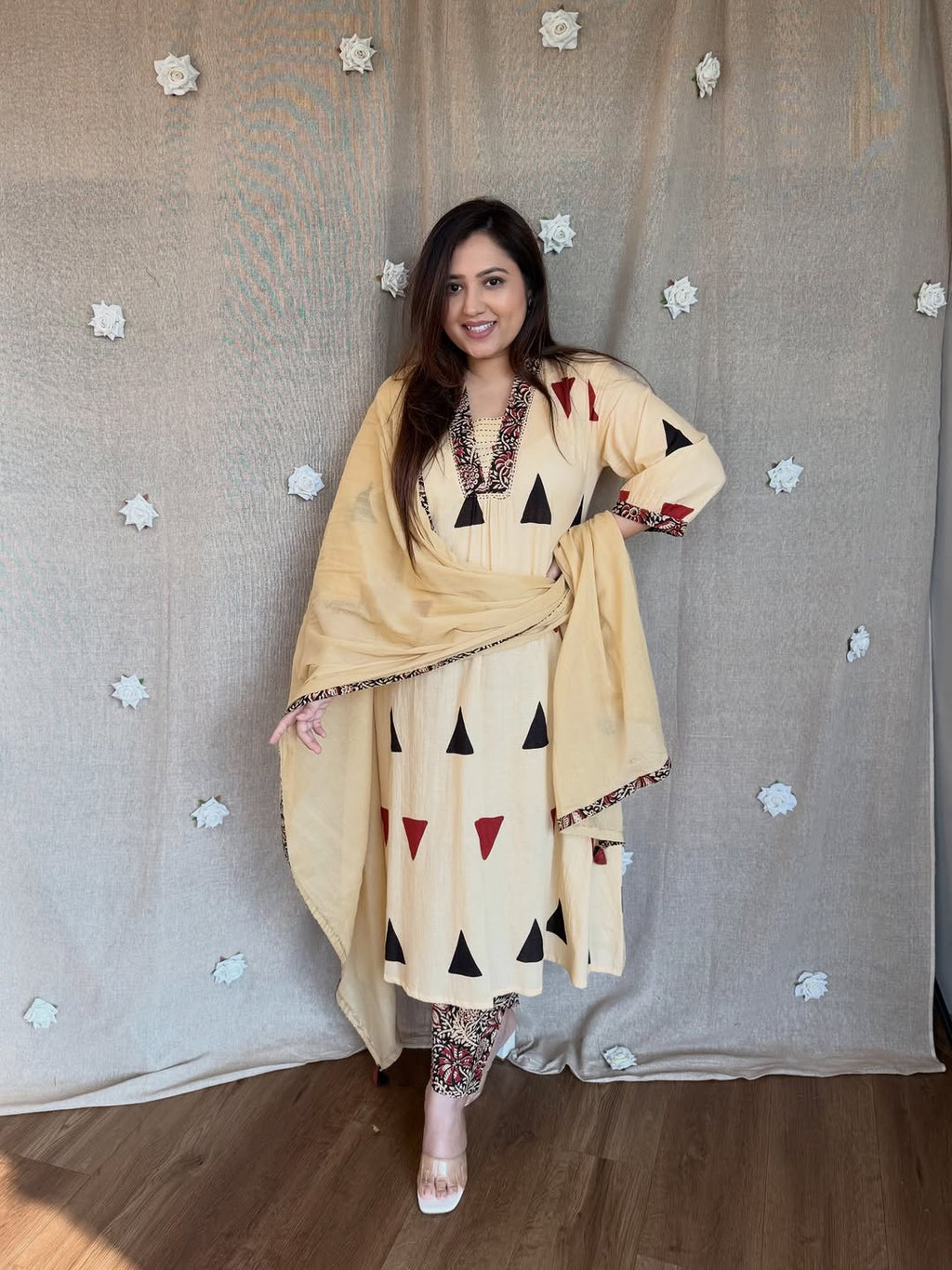 Front pose of Cream Beige Ajrakh print cotton suit set with coordinated dupatta