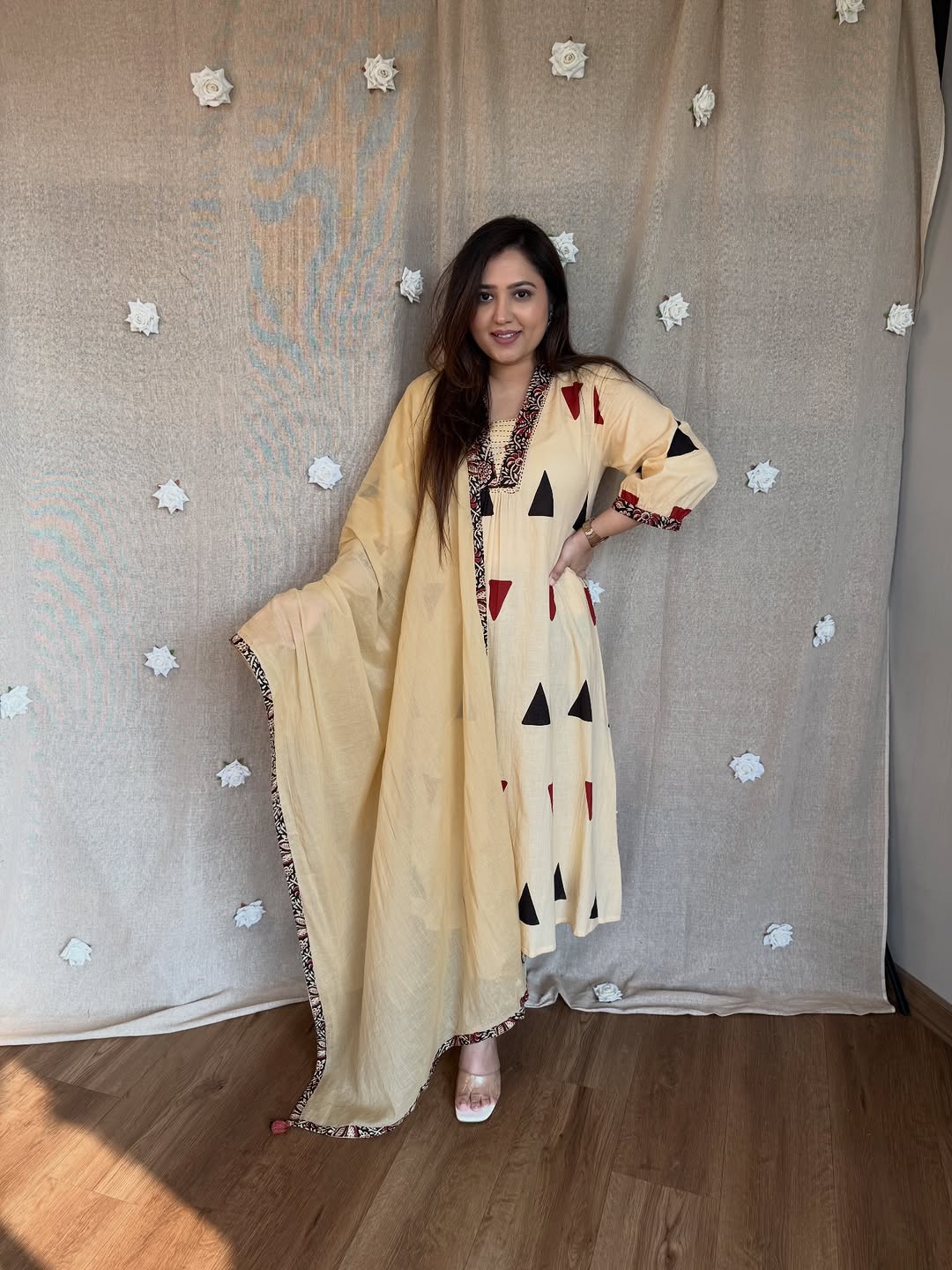 Model wearing Cream Beige Ajrakh print pure cotton suit set with matching dupatta full view