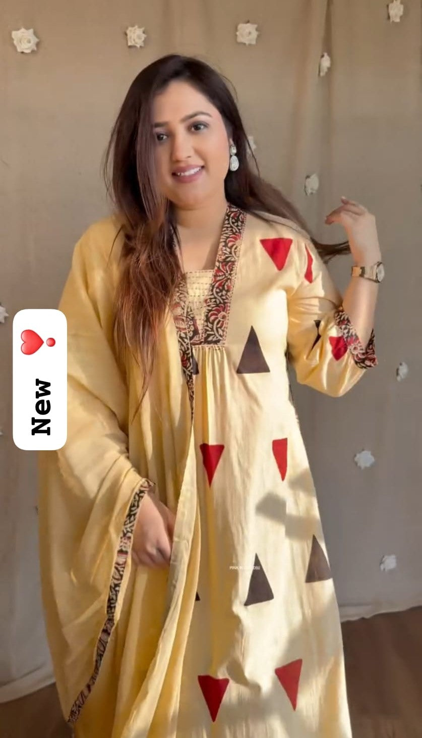 Model showcasing Cream Beige Ajrakh print pure cotton kurta with ethnic geometric motifs