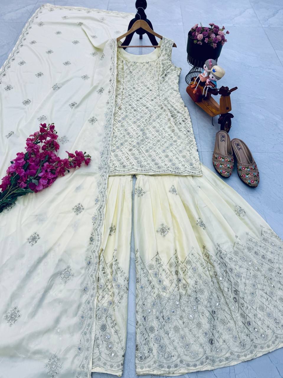 Cream Gold embroidered palazzo suit set with matching dupatta flat lay view